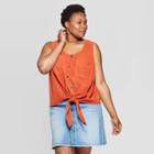 Women's Plus Size Sleeveless Round Neck Tie Front Tank - Universal Thread Rust (red)