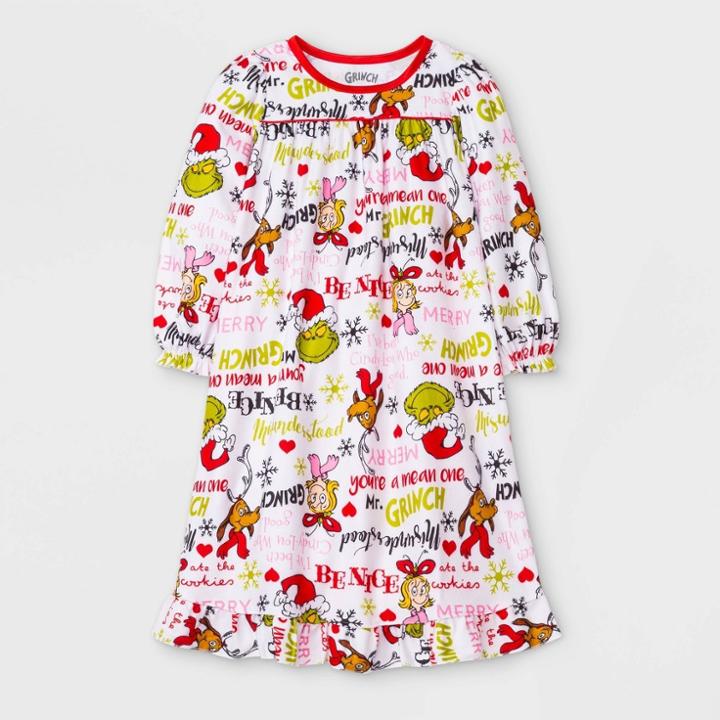 Dr. Seuss Toddler Girls' Dr.suess Holiday Grinch Granny Nightgown - White