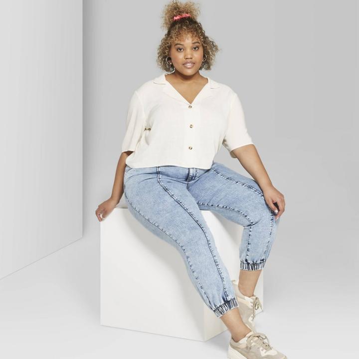 Women's Plus Size Short Sleeve Button-up Linen Camp Shirt - Wild Fable Ivory