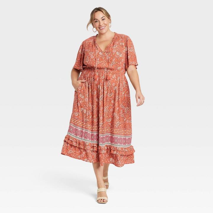 Women's Plus Size Flutter Short Sleeve Smocked Dress - Knox Rose Light Brown Floral