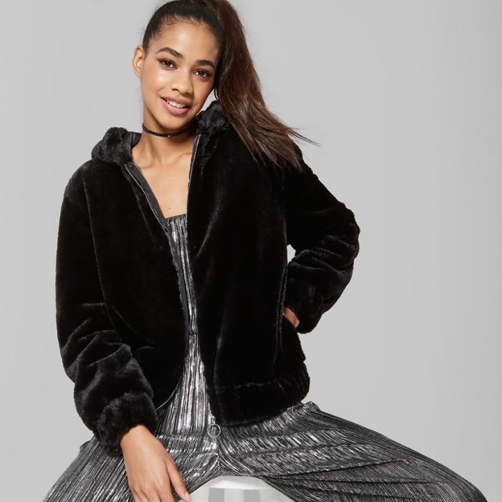 Women's Animal Print Fuzzy Faux Fur Zip-up Jacket - Wild Fable Black