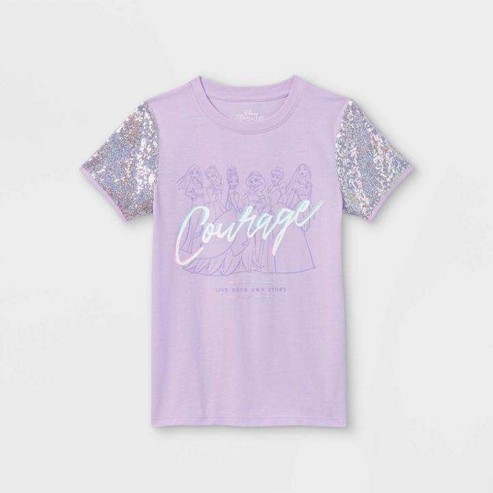 Girls' Disney Princess Courage Sequin Short Sleeve T-shirt - Purple