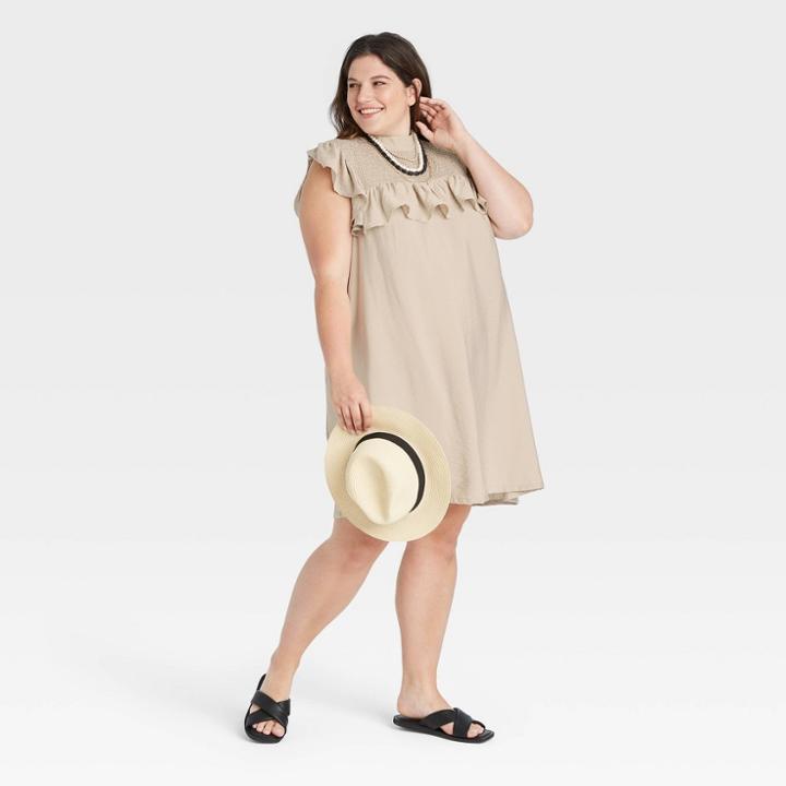 Women's Plus Size Sleeveless Ruffle Yoke Dress - A New Day Cream