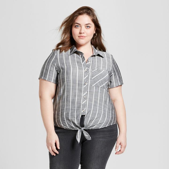 Women's Plus Size Short Sleeve Striped Tie Front Button-down - Universal Thread Gray