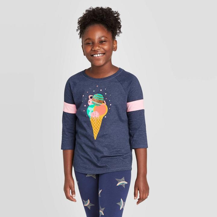Girls' 3/4 Sleeve Planet Ice Cream Baseball T-shirt - Cat & Jack Navy L, Girl's, Size: