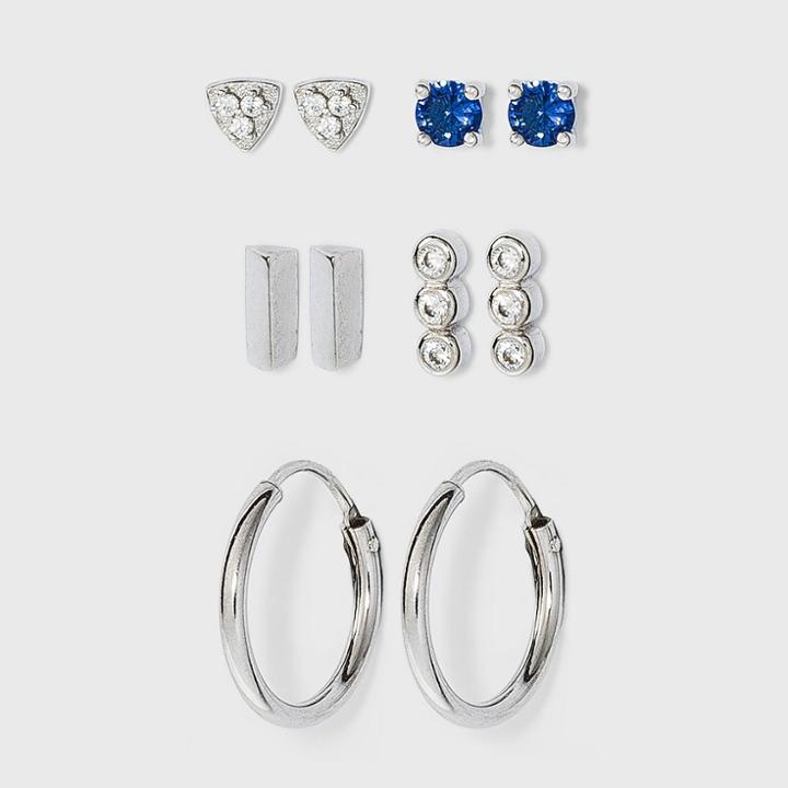 Sterling Silver Glass And Cubic Zirconia Bar Quint Earring Set 5pc - A New Day