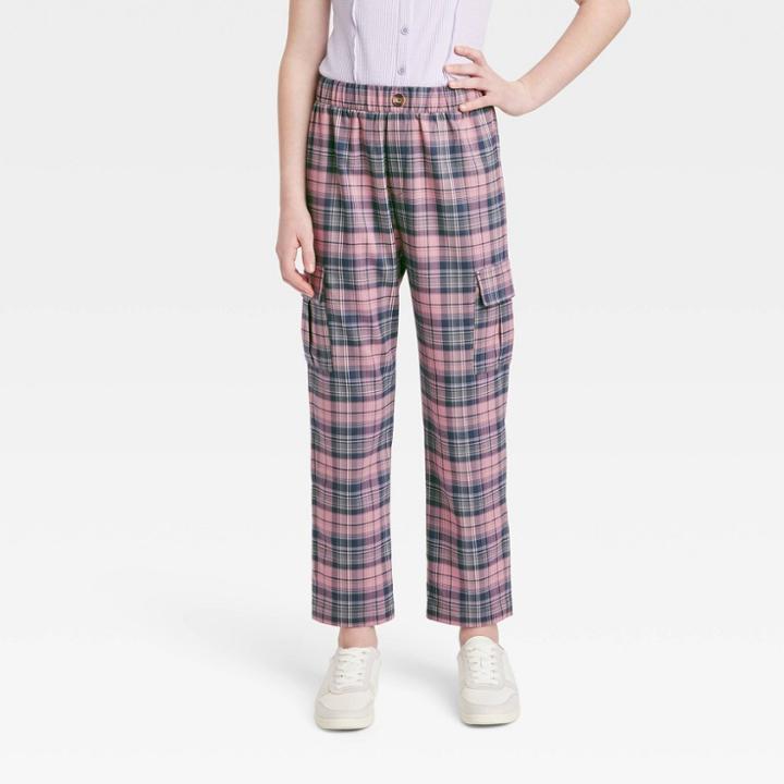 Girls' Plaid Cargo Pants - Art Class Navy/pink