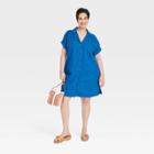 Women's Plus Size Short Sleeve Button-front Shirtdress - Universal Thread Blue
