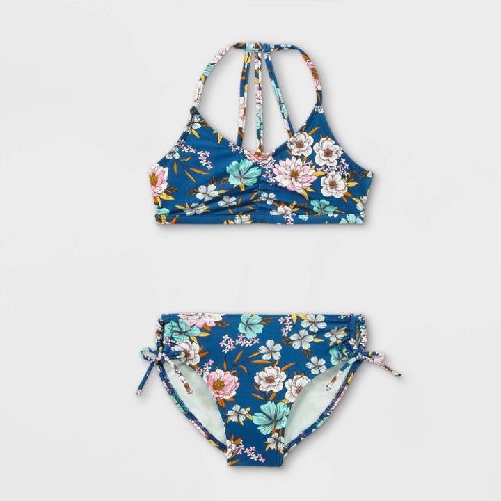 Girls' Beachy Floral Print 2pc Bikini Set - Art Class Navy