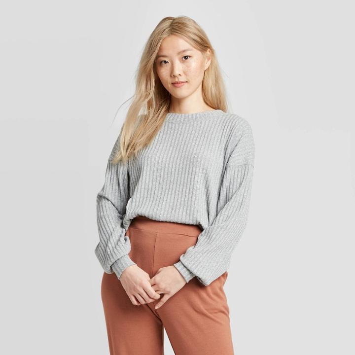 Women's Long Sleeve Crewneck Rib Knit Pullover T-shirt - A New Day Gray