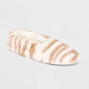 No Brand Women's Zebra Faux Fur Cozy Pull-on Slipper Socks - Ivory/tan