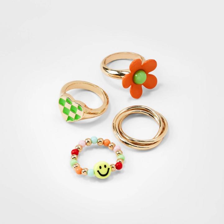 Girls' 4pk Mixed Ring Set With Beaded Smiley Face And Heart Ring - Art Class , Gold