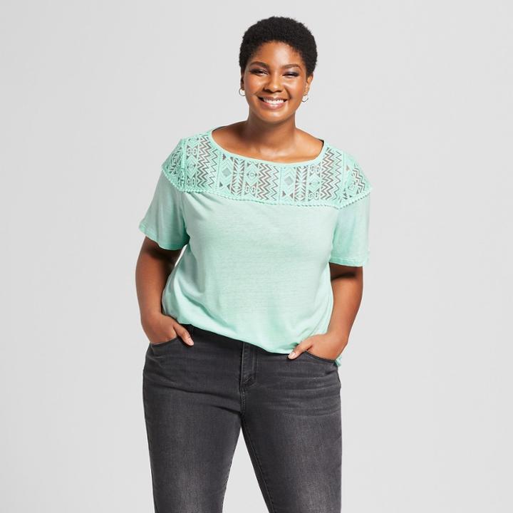 Women's Plus Size Short Sleeve Embellished T-shirt - Ava & Viv Aqua (blue)