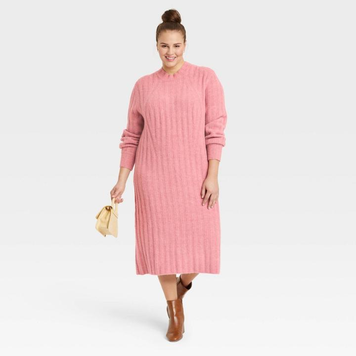 Women's Plus Size Long Sleeve Ribbed Knit Sweater Dress - A New Day Pink