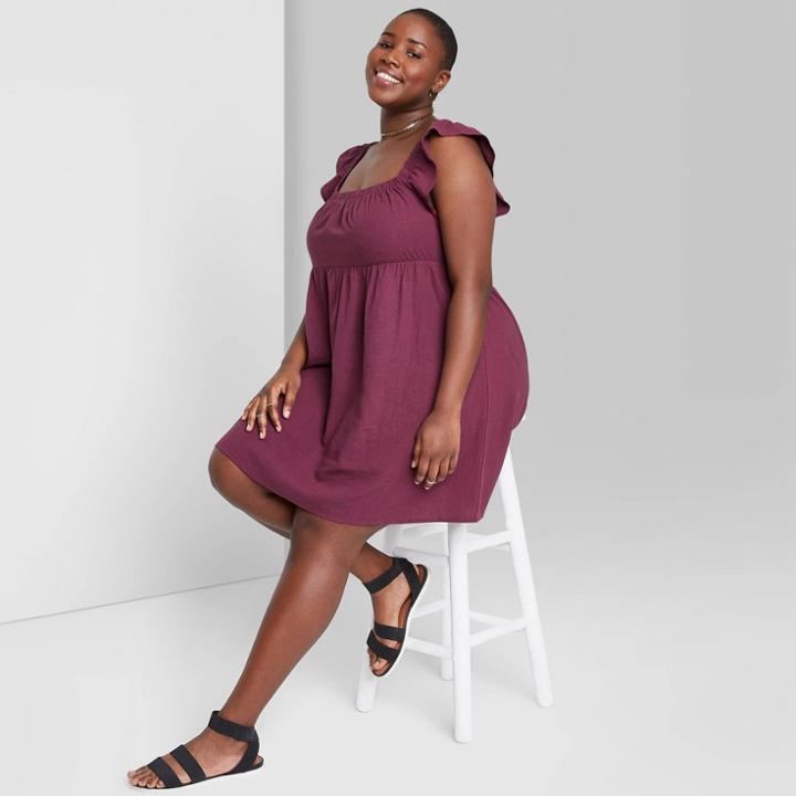 Women's Plus Size Ruffle Sleeve On/off The Shoulder Woven Babydoll Dress - Wild Fable Plum