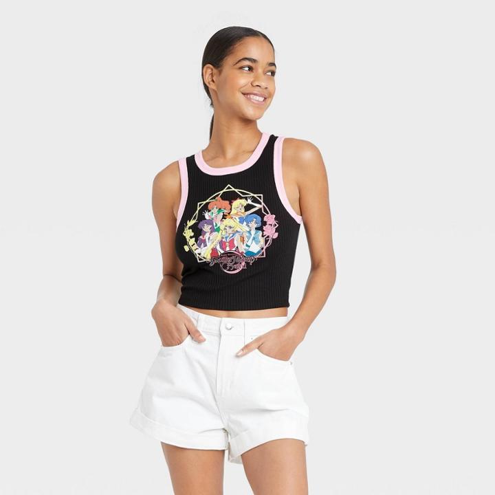 Women's Sailor Moon Racerback Cropped Graphic Tank Top - Black