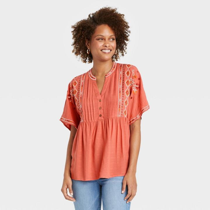 Women's Flutter Short Sleeve Pintuck Embroidered Henley Shirt - Knox Rose Copper