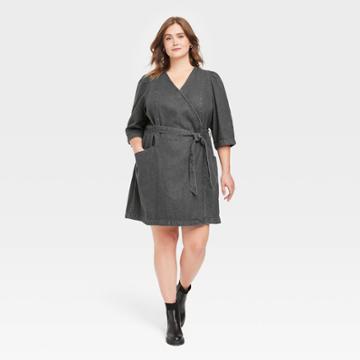 Women's Plus Size Puff Short Sleeve Denim Wrap Dress - Universal Thread Gray Wash