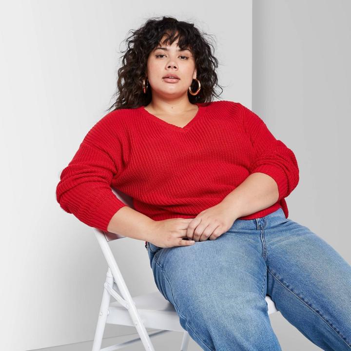 Women's Plus Size Cropped Crewneck Sweater - Wild Fable Red Pop