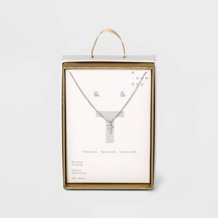 Silver Plated Cubic Zirconia Pave Initial Pendant Necklace And Earring Set - A New Day Initial T
