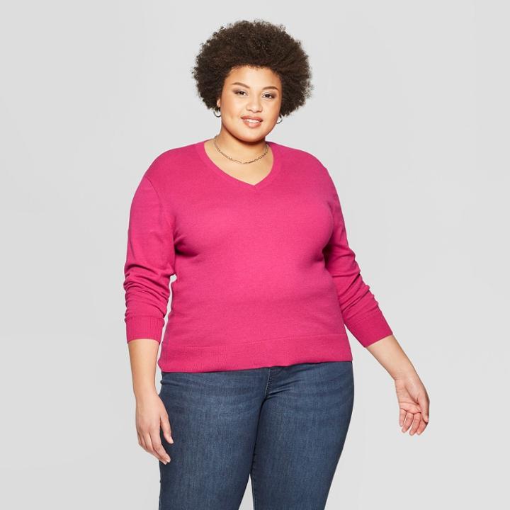 Women's Plus Size Long Sleeve V-neck Pullover Sweater - Ava & Viv Pink X
