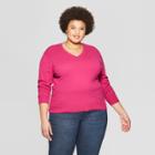 Women's Plus Size Long Sleeve V-neck Pullover Sweater - Ava & Viv Pink X