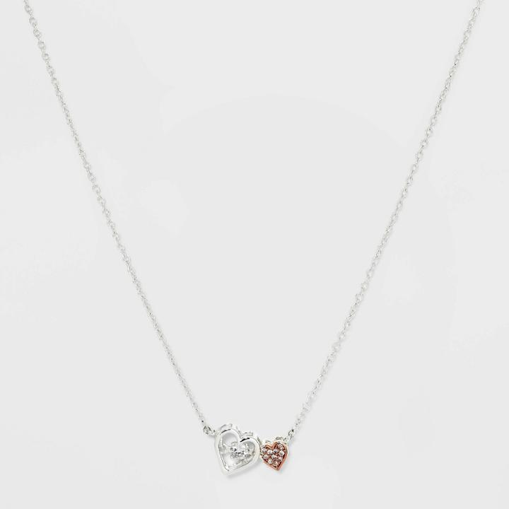 No Brand Silver Plated Cubic Zirconia Double Heart Pendant Necklace