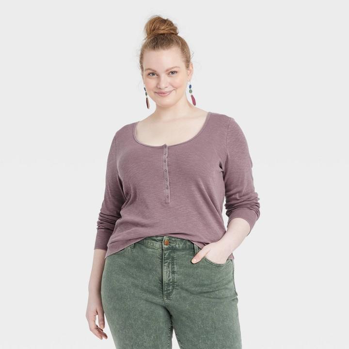 Women's Plus Size Long Sleeve Henley Neck Rib Knit Shirt - Universal Thread Purple