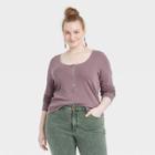 Women's Plus Size Long Sleeve Henley Neck Rib Knit Shirt - Universal Thread Purple