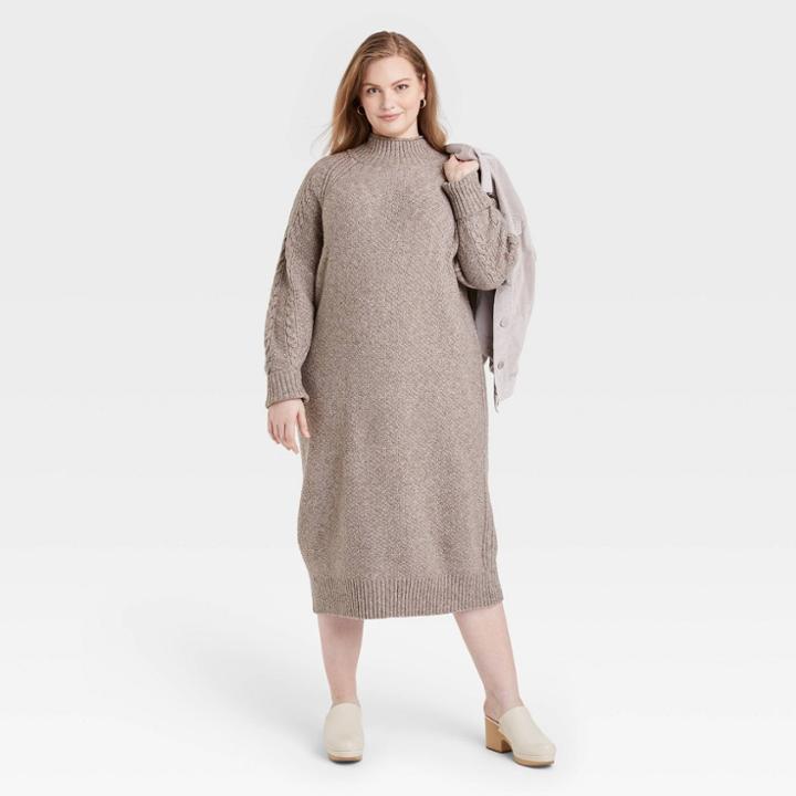 Women's Plus Size Balloon Long Sleeve Cable Sweater Dress - Universal Thread Tan