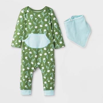 Baby Boys' Long Sleeve Floral Kanga Pocket Bib Romper - Cat & Jack Olive Green Newborn, Girl's