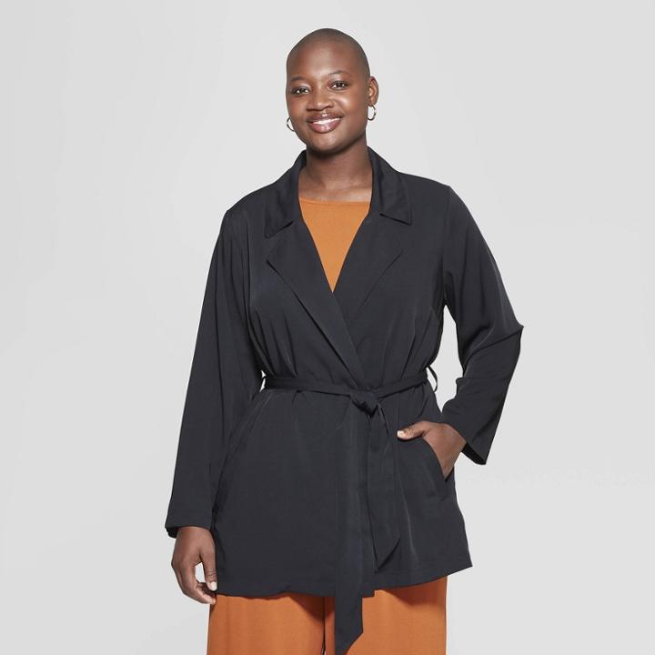 Women's Plus Size Drapey Trench Coat - Ava & Viv Black
