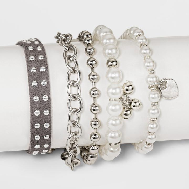 Target Five Piece Set Simulated Pearl And Simulated Suede Bracelet - Grey, Gray