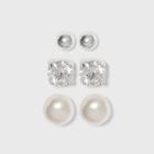 Distributed By Target Sterling Silver Set Of Three Cubic Zirconia Fresh Pearl And Ball Button Earring Set