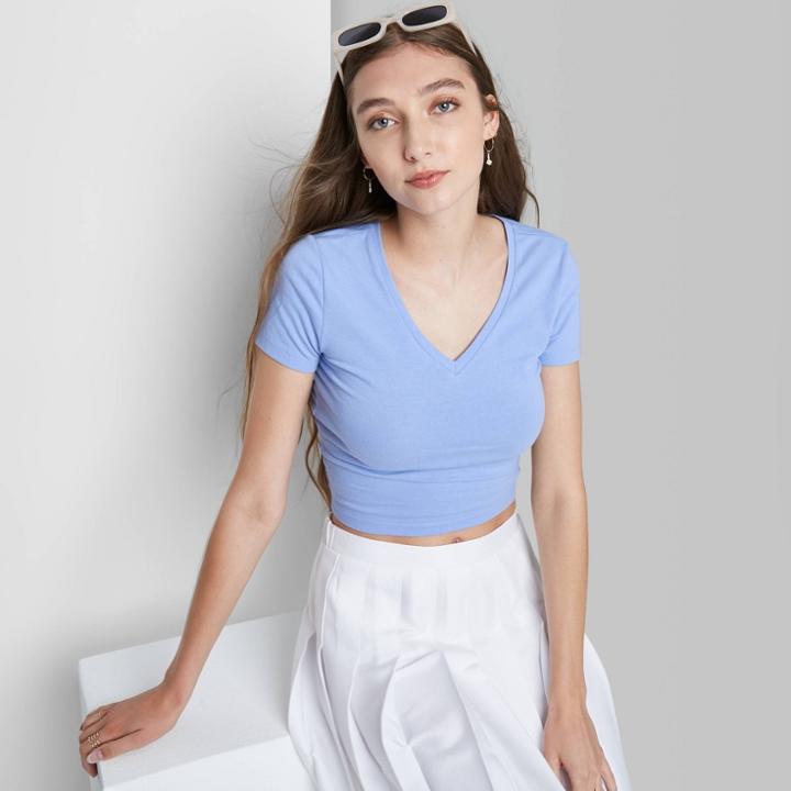 Women's Short Sleeve V-neck Cropped T-shirt - Wild Fable Azure