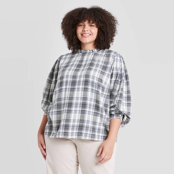 Women's Plus Size Plaid Long Sleeve Blouse - Universal Thread Blue