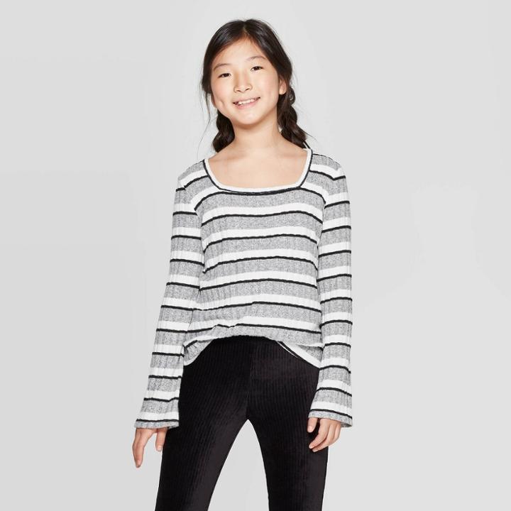 Girls' Long Sleeve Squareneck Top - Art Class Black/white M, Girl's,
