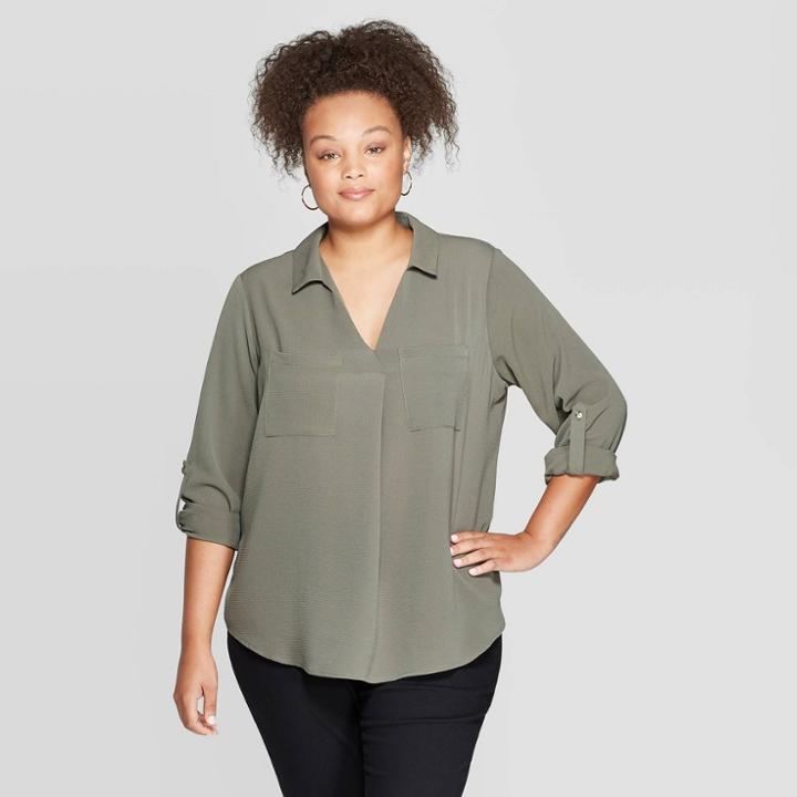 Women's Plus Size Long Sleeve Collared Utility Pocket Shirt - Ava & Viv Olive (green)