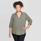 Women's Plus Size Long Sleeve Collared Utility Pocket Shirt - Ava & Viv Olive (green)