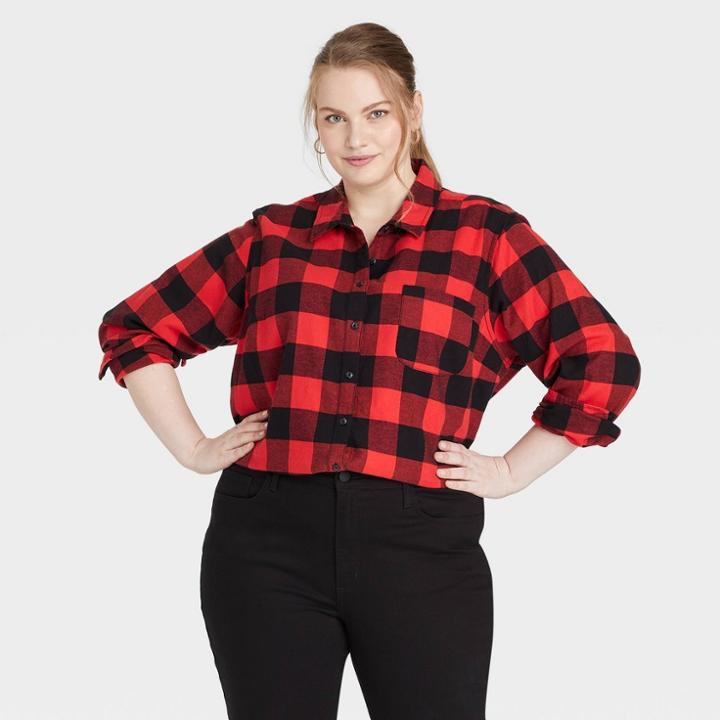 Women's Plus Size Long Sleeve Flannel Button-down Shirt - Universal Thread Red Plaid