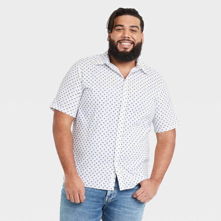 Men's Big & Tall Palm Print Standard Fit Textured Short Sleeve Button-down Shirt - Goodfellow & Co White