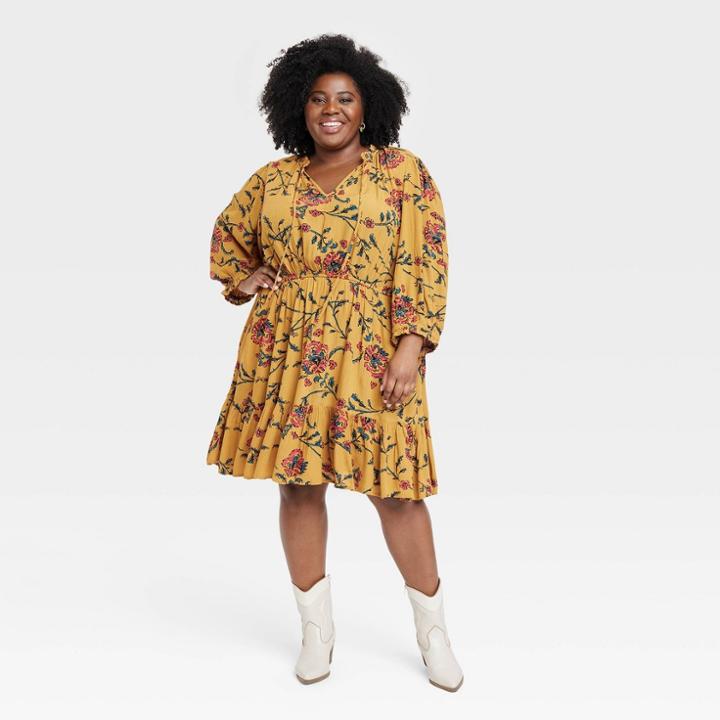 Women's Plus Size Long Sleeve Folkloric A-line Dress - Knox Rose Gold Floral