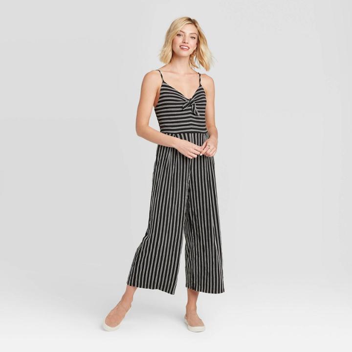 Women's Striped Sleeveless V-neck Tie Front Knit Cropped Jumpsuit - Xhilaration Black/white
