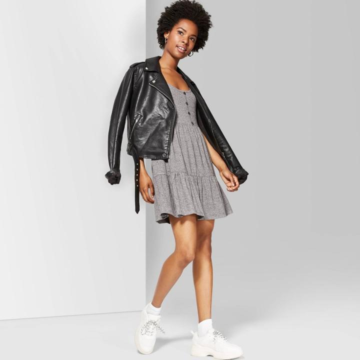 Target Women's Strappy Scoop Neck Button-front Tiered Knit Swing Dress - Wild Fable Gray
