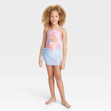 Girls' Tropic Oasis One Piece Swimwear Set With Skirt - Art Class Xs, Blue/pink/blue
