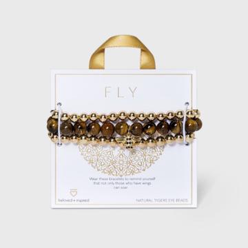 Beloved + Inspired Gold Tiger Eye With Bee Charm Trio Stretch Beaded Bracelet