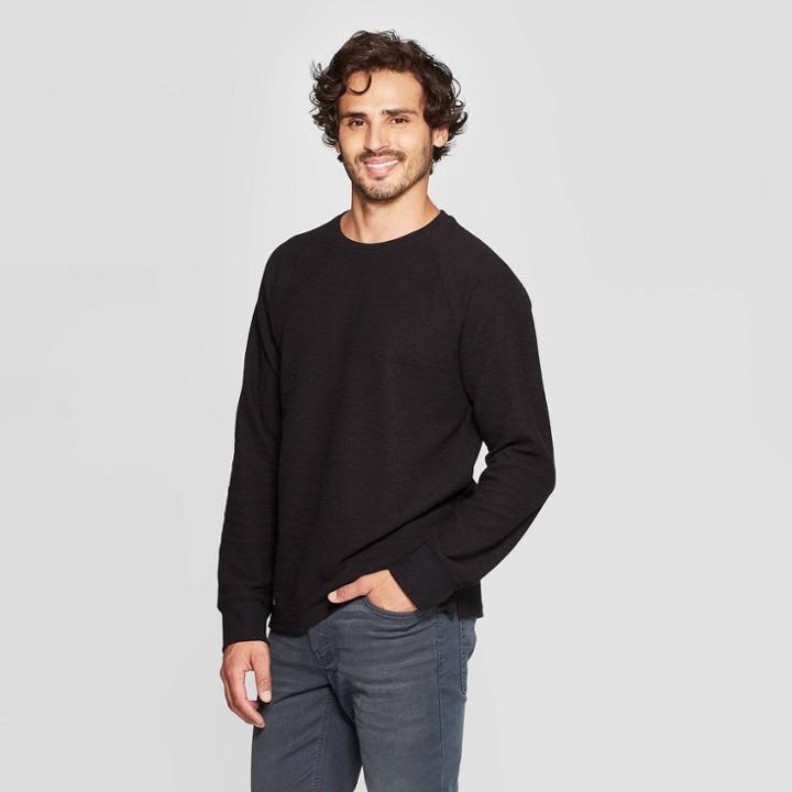 Men's Standard Fit Long Sleeve Textured Crew Neck Shirt - Goodfellow & Co Black M,