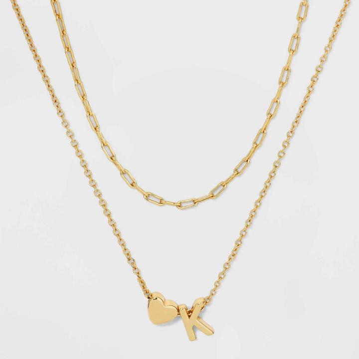 14k Gold Dipped 'k' Initial With Heart Chain Necklace - A New Day Gold