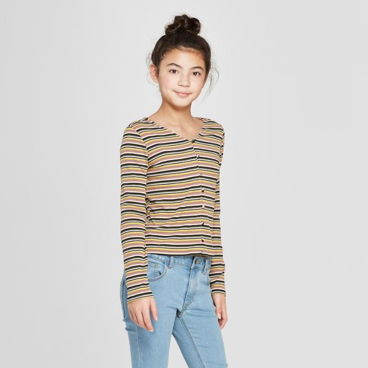 Girls' Long Sleeve Button Front T-shirt - Art Class Gold