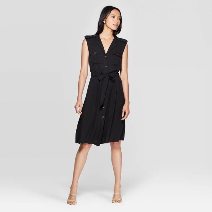 Women's Sleeveless V-neck Front Button-down A Line Midi Dress - Who What Wear Jet Black M,